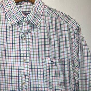Vineyard Vines Mens Shirt M Pink Green Plaid  Tucker LS Button Up Easter Wedding
